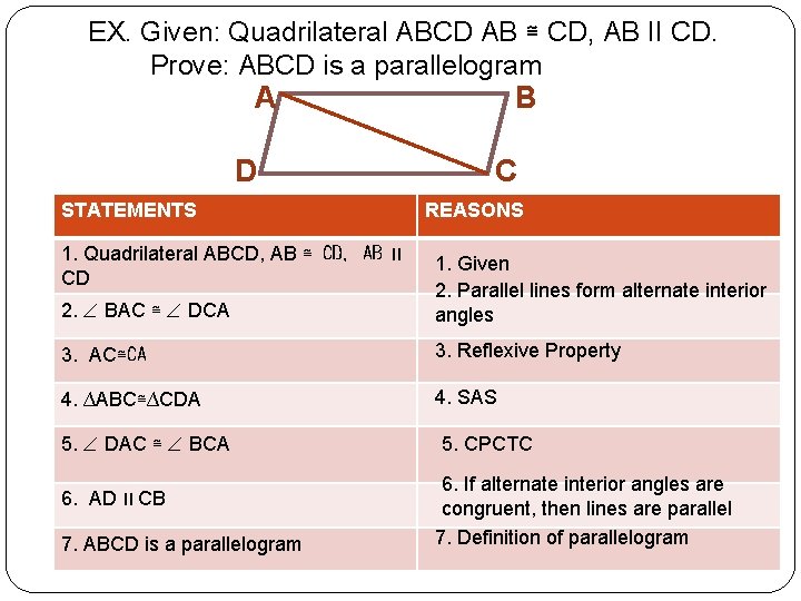 EX. Given: Quadrilateral ABCD AB ≅ CD, AB ІІ CD. Prove: ABCD is a