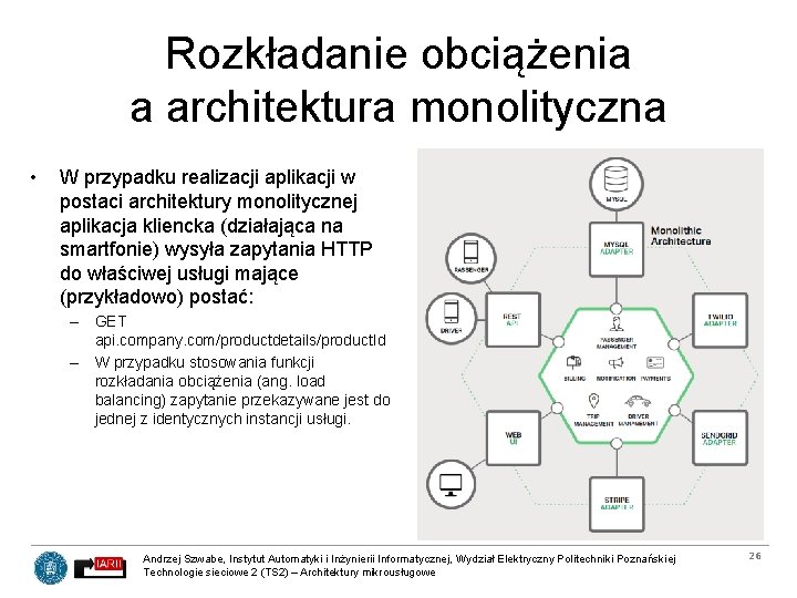 Rozkładanie obciążenia a architektura monolityczna • W przypadku realizacji aplikacji w postaci architektury monolitycznej