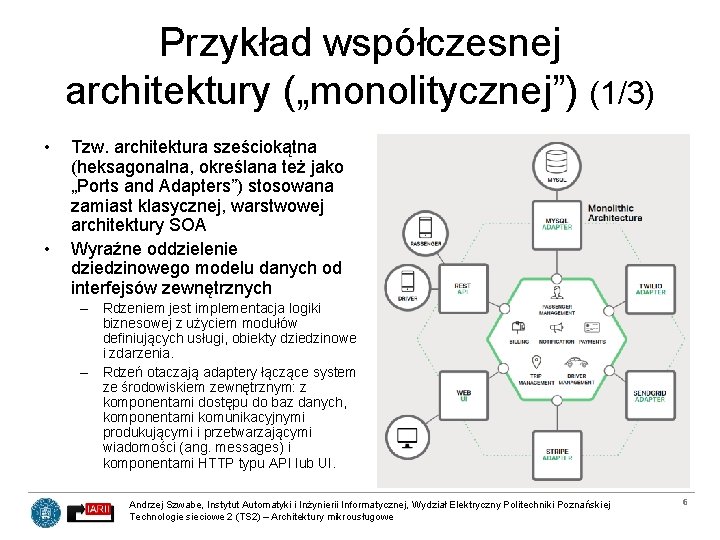 Przykład współczesnej architektury („monolitycznej”) (1/3) • • Tzw. architektura sześciokątna (heksagonalna, określana też jako
