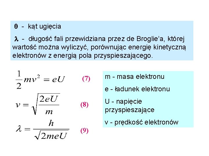  - kąt ugięcia - długość fali przewidziana przez de Broglie’a, której wartość można