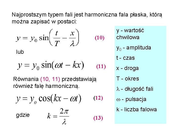 Najprostszym typem fali jest harmoniczna fala płaska, którą można zapisać w postaci: (10) y