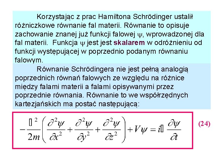 Korzystając z prac Hamiltona Schrödinger ustalił różniczkowe równanie fal materii. Równanie to opisuje zachowanie