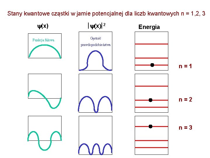 Stany kwantowe cząstki w jamie potencjalnej dla liczb kwantowych n = 1, 2, 3