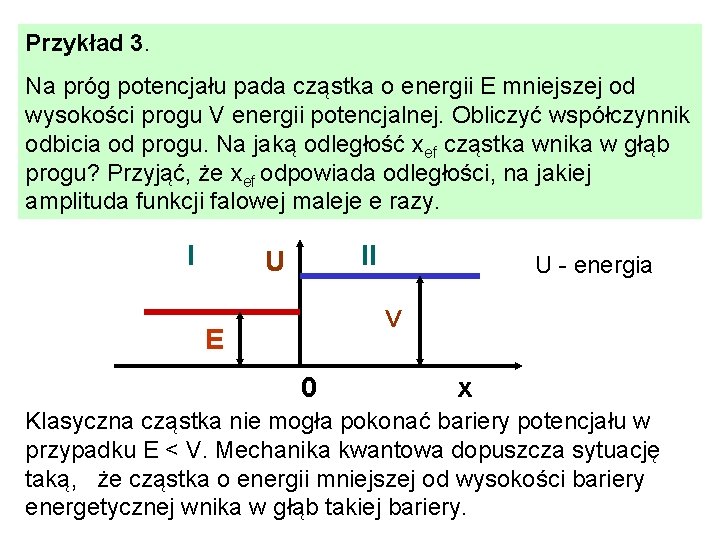 Przykład 3. Na próg potencjału pada cząstka o energii E mniejszej od wysokości progu