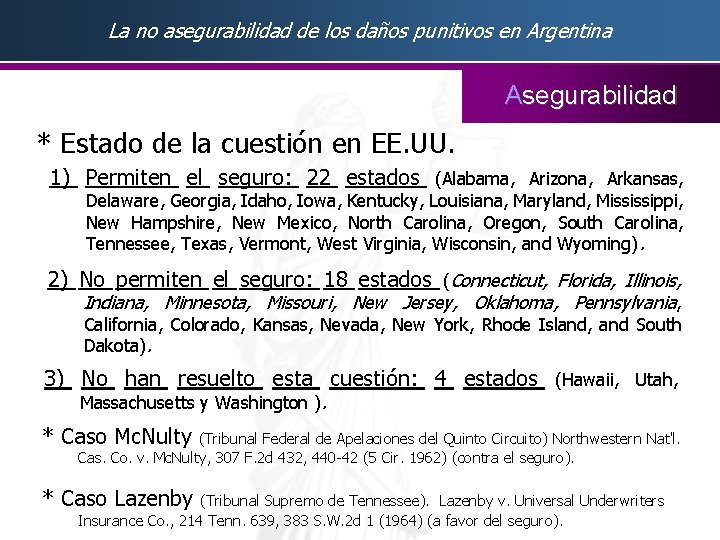 La no asegurabilidad de los daños punitivos en Argentina Asegurabilidad * Estado de la