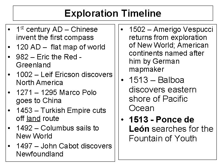 Exploration Timeline • 1 st century AD – Chinese • 1502 – Amerigo Vespucci
