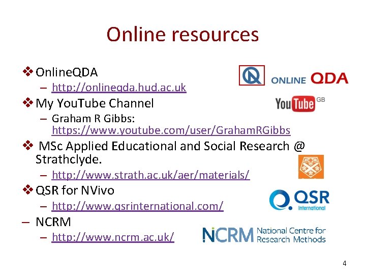 Online resources v Online. QDA – http: //onlineqda. hud. ac. uk v My You.