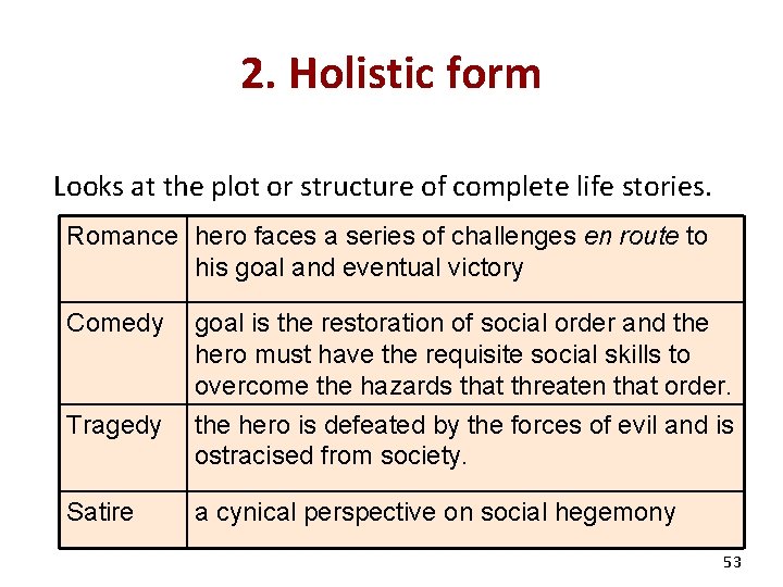 2. Holistic form Looks at the plot or structure of complete life stories. Romance