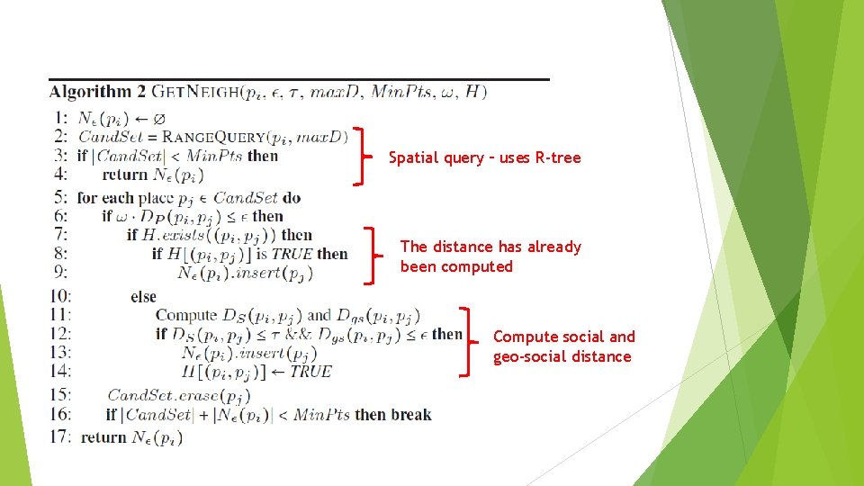 Spatial query – uses R-tree The distance has already been computed Compute social and