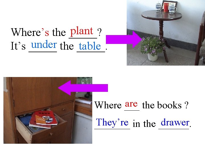 plant Where’s the _____? under the _____. It’s _____ table are the books ?