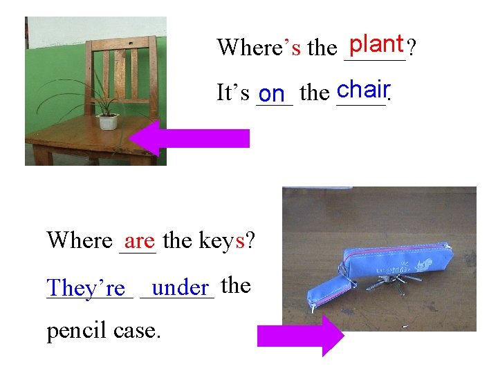 plant Where’s the _____? chair It’s ___ on the ____. Where ___ are the