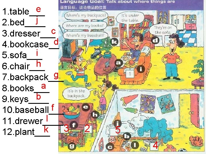 e 1. table___ j 2. bed____ 3. dresser___c d 4. bookcase__ i 5. sofa___