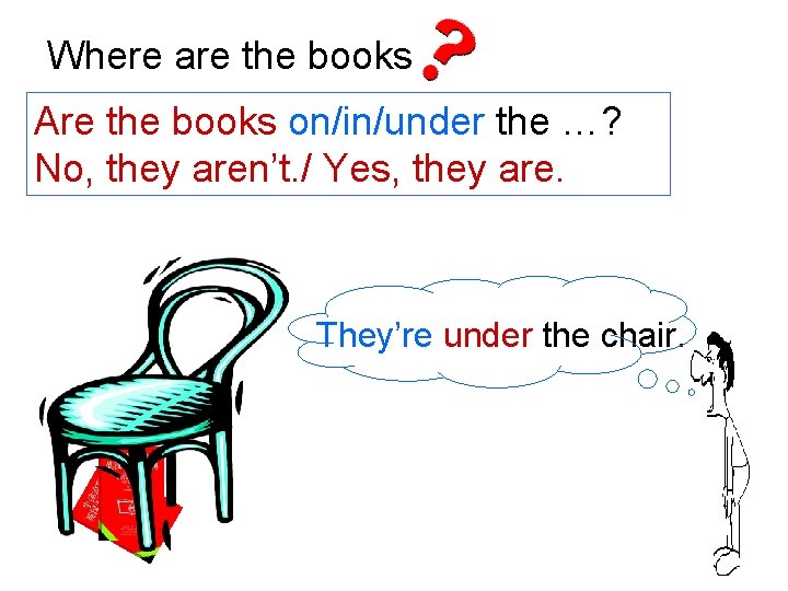 Where are the books Are the books on/in/under the …? No, they aren’t. /