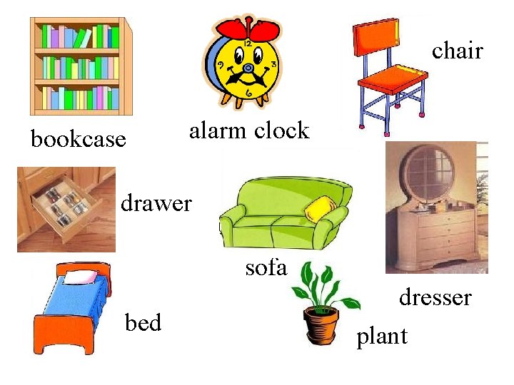 chair bookcase alarm clock drawer sofa bed dresser plant 