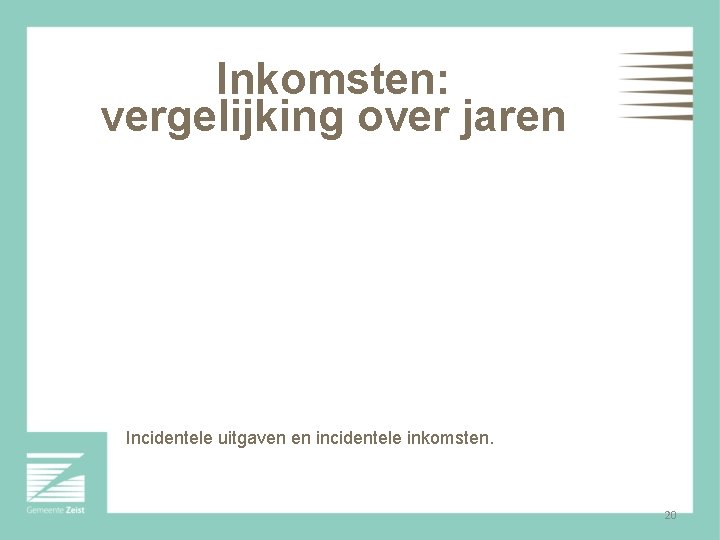 Inkomsten: vergelijking over jaren Incidentele uitgaven en incidentele inkomsten. 20 