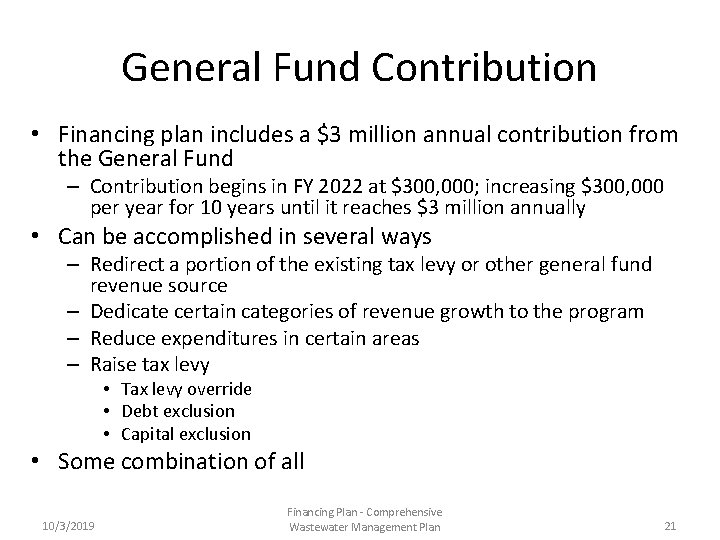 General Fund Contribution • Financing plan includes a $3 million annual contribution from the