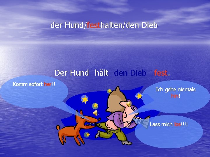 der Hund/festhalten/den Dieb Der Hund hält den Dieb fest. Komm sofort her!! Ich gehe