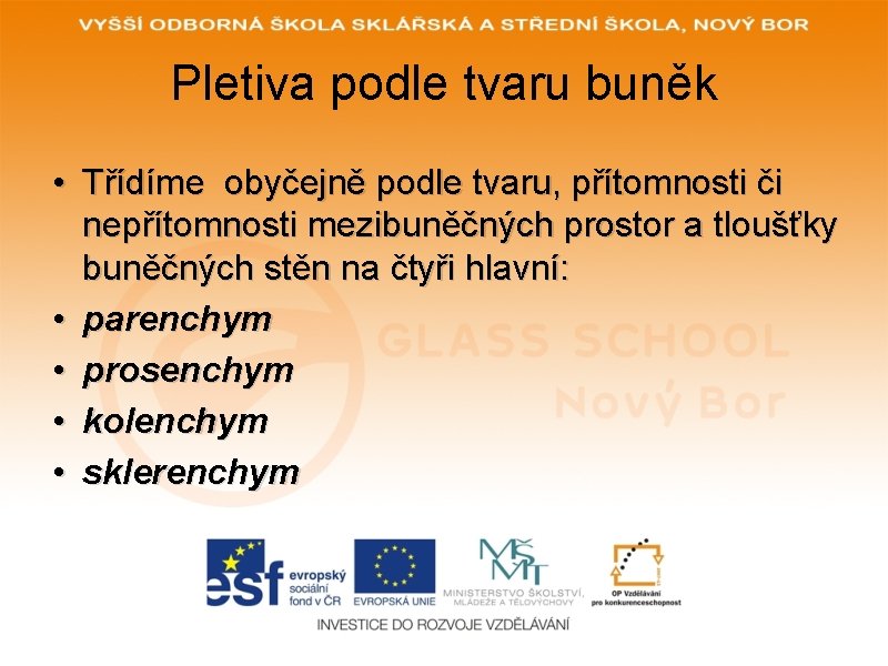 Pletiva podle tvaru buněk • Třídíme obyčejně podle tvaru, přítomnosti či nepřítomnosti mezibuněčných prostor