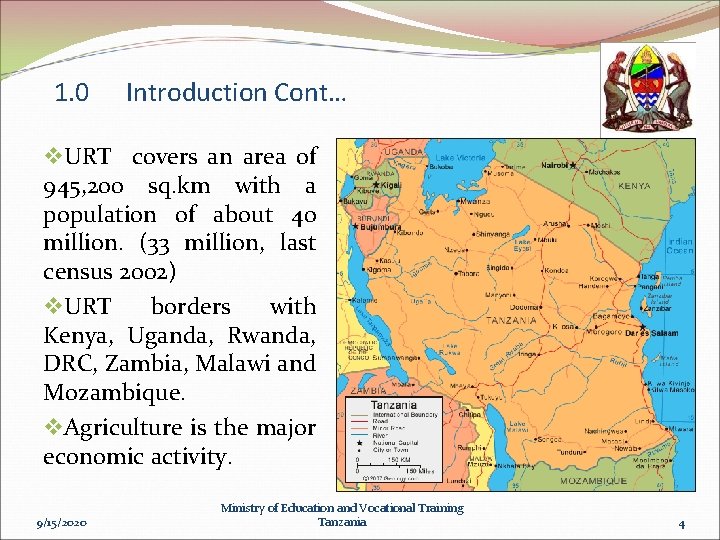 1. 0 Introduction Cont… v. URT covers an area of 945, 200 sq. km