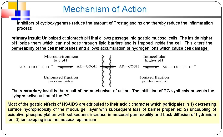 Mechanism of Action Inhibitors of cyclooxygenase reduce the amount of Prostaglandins and thereby reduce