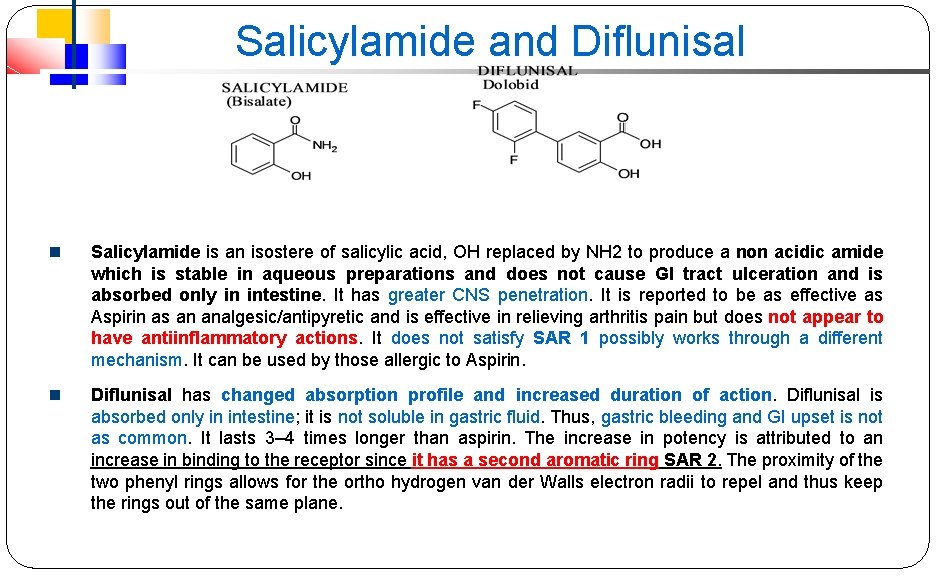 Salicylamide and Diflunisal Salicylamide is an isostere of salicylic acid, OH replaced by NH