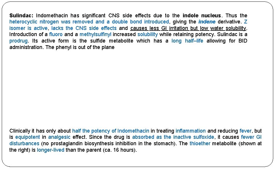 Sulindac: Indomethacin has significant CNS side effects due to the indole nucleus. Thus the