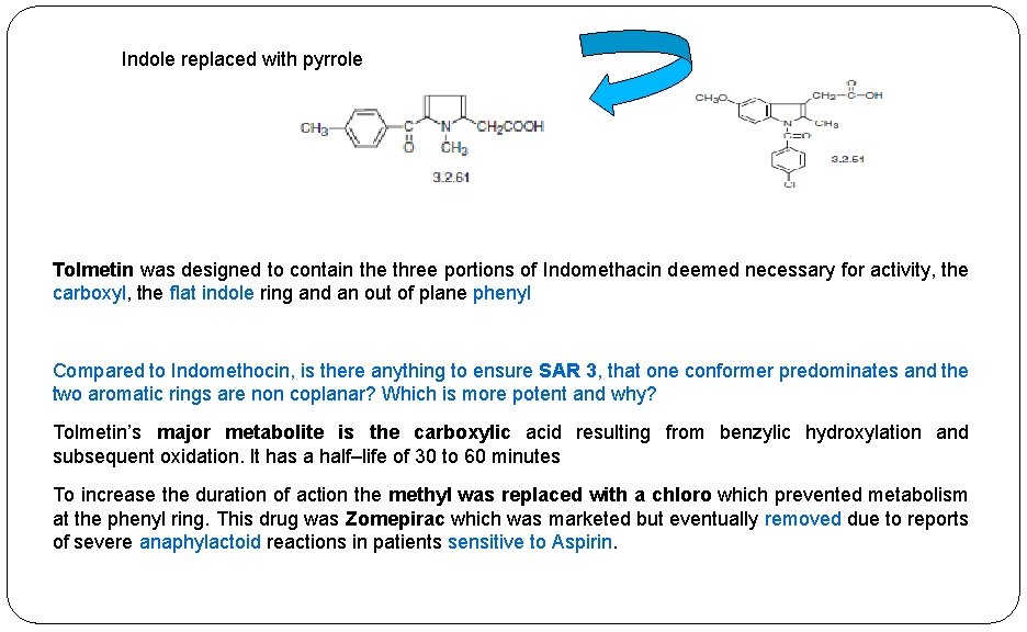 Indole replaced with pyrrole Tolmetin was designed to contain the three portions of Indomethacin