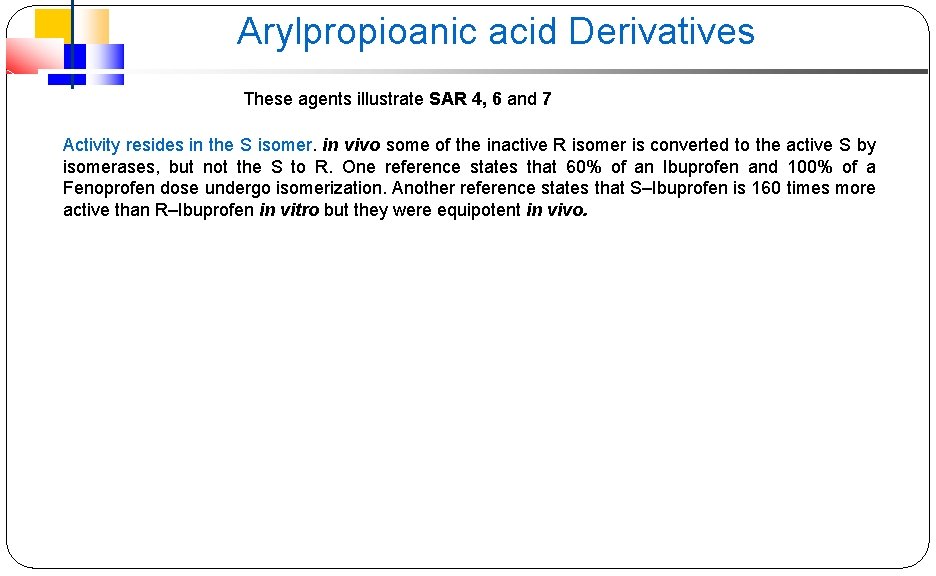 Arylpropioanic acid Derivatives These agents illustrate SAR 4, 6 and 7 Activity resides in
