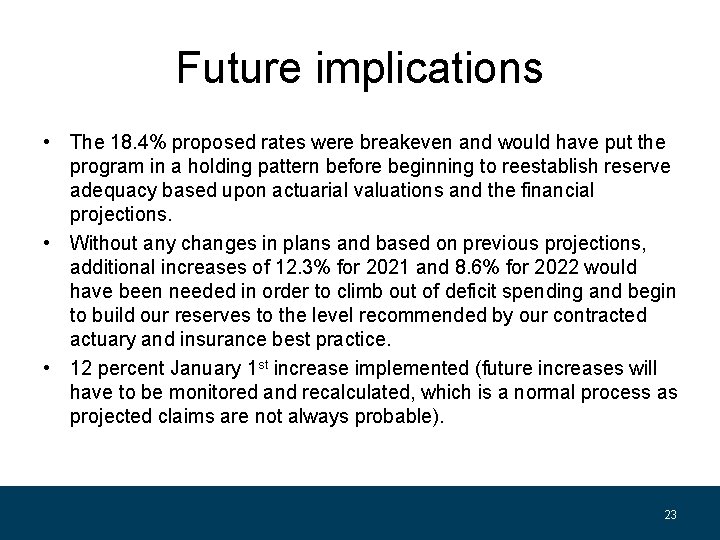 Future implications • The 18. 4% proposed rates were breakeven and would have put