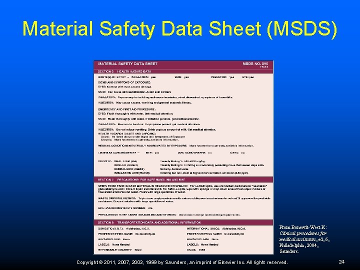 Material Safety Data Sheet (MSDS) From Bonewit-West K: Clinical procedures for medical assistants, ed,