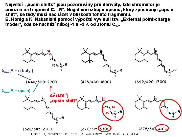 Největší „opsin shifts“ jsou pozorovány pro deriváty, kde chromofor je omezen na fragment C