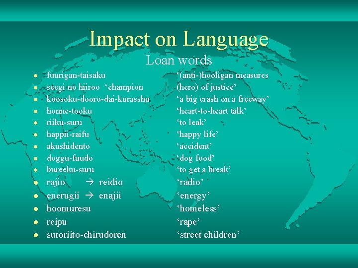 Impact on Language Loan words l l l l fuurigan-taisaku seegi no hiiroo ‘champion