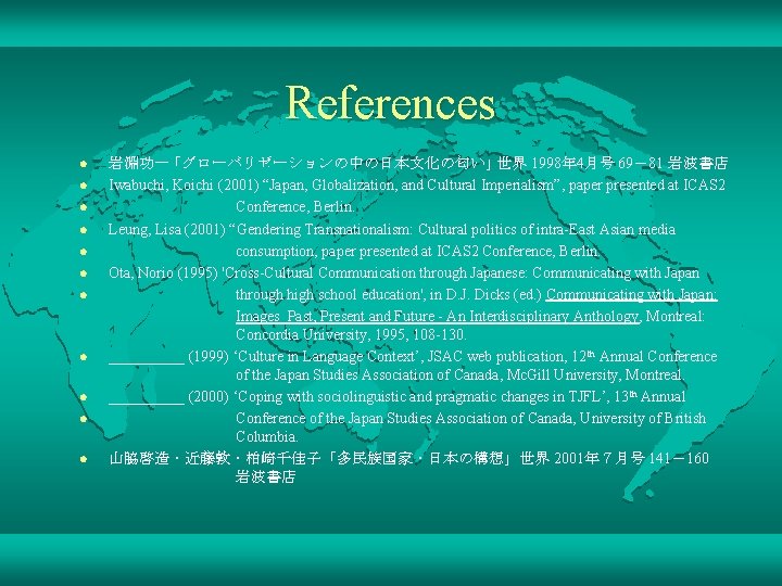 References l l l 岩淵功一 ｢グローバリゼーションの中の日本文化の匂い｣ 世界 1998年 4月号 69－81 岩波書店 Iwabuchi, Koichi (2001)