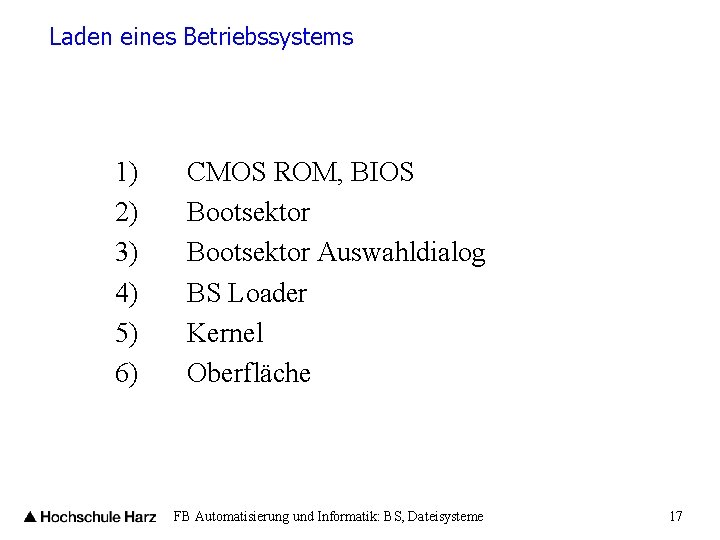 Laden eines Betriebssystems 1) 2) 3) 4) 5) 6) CMOS ROM, BIOS Bootsektor Auswahldialog