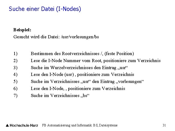 Suche einer Datei (I-Nodes) Beispiel: Gesucht wird die Datei: /usr/vorlesungen/bs 1) 2) 3) 4)