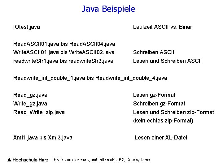 Java Beispiele IOtest. java Laufzeit ASCII vs. Binär Read. ASCII 01. java bis Read.
