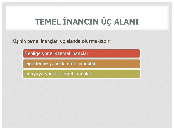 TEMEL İNANCIN ÜÇ ALANI Kişinin temel inançları üç alanda oluşmaktadır: Benliğe yönelik temel inançlar