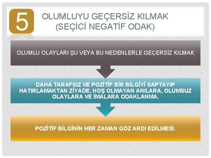 OLUMLUYU GEÇERSİZ KILMAK (SEÇİCİ NEGATİF ODAK) OLUMLU OLAYLARI ŞU VEYA BU NEDENLERLE GEÇERSİZ KILMAK