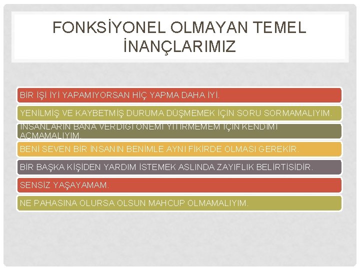 FONKSİYONEL OLMAYAN TEMEL İNANÇLARIMIZ BİR İŞİ İYİ YAPAMIYORSAN HİÇ YAPMA DAHA İYİ. YENİLMİŞ VE