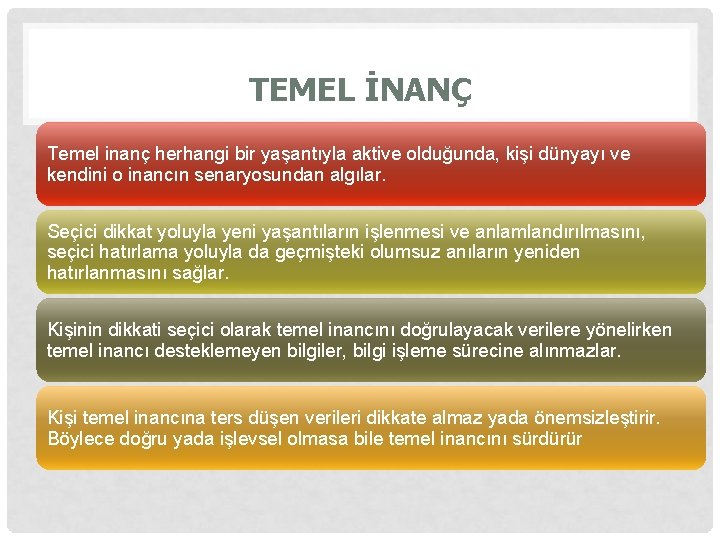 TEMEL İNANÇ Temel inanç herhangi bir yaşantıyla aktive olduğunda, kişi dünyayı ve kendini o