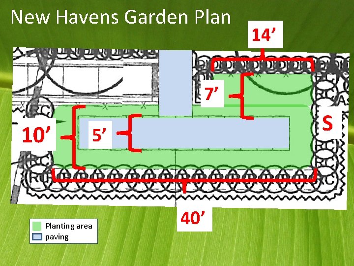 New Havens Garden Plan 14’ 7’ 10’ S 5’ Planting area paving 40’ 