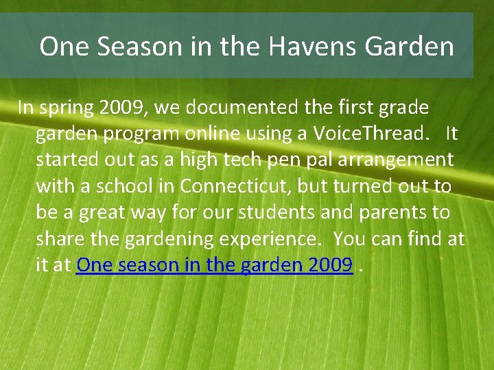 One Season in the Havens Garden In spring 2009, we documented the first grade