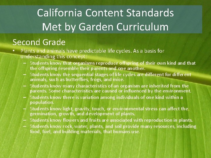 California Content Standards Met by Garden Curriculum Second Grade • Plants and animals have