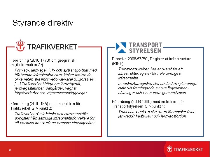 Styrande direktiv Förordning (2010: 1770) om geografisk miljöinformation 7 §: För väg-, järnvägs-, luft-