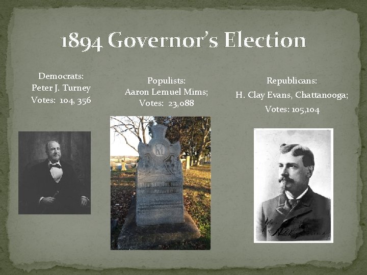 1894 Governor’s Election Democrats: Peter J. Turney Votes: 104, 356 Populists: Aaron Lemuel Mims;
