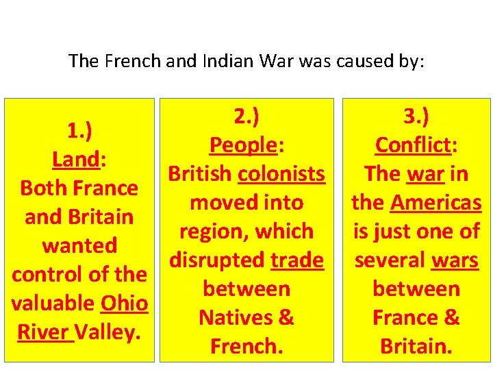 The French and Indian War was caused by: 2. ) 1. ) People: Land: