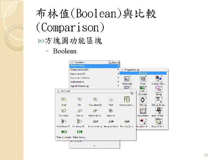 布林值(Boolean)與比較 (Comparison) 方塊圖功能區塊 ◦ Boolean 30 布林值(Boolean)與比較 (Comparison) 方塊圖功能區塊 ◦ Boolean 30