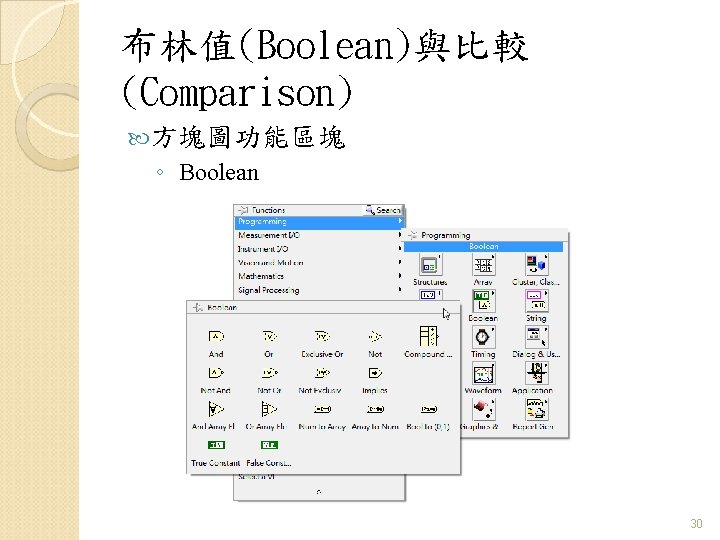 布林值(Boolean)與比較 (Comparison) 方塊圖功能區塊 ◦ Boolean 30 