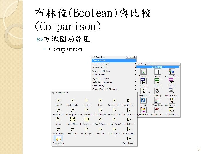 布林值(Boolean)與比較 (Comparison) 方塊圖功能區 ◦ Comparison 31 