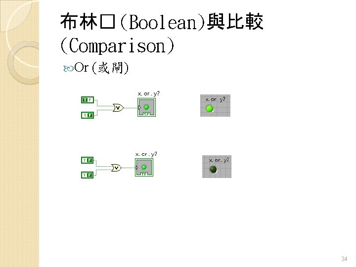 布林� (Boolean)與比較 (Comparison) Or (或閘) 34 布林� (Boolean)與比較 (Comparison) Or (或閘) 34